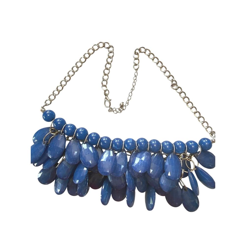 Necklace 4 layer bib blue round and teardrop beads silver tone  chain art